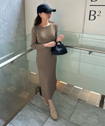 [ 岡部あゆみさんコラボ ] 選べるネックとタイプ リブニットロングスリーブワンピース