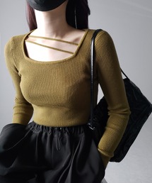 【 3color 】2ストラップスクエアネックリブニット