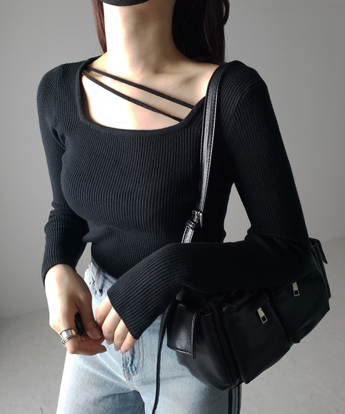me+em select(ミームセレクト)の「【 3color 】2ストラップスクエアネックリブニット(ニット/セーター・レディース・アイボリー/ブラック/グリーン・FREE)」の11枚目の写真