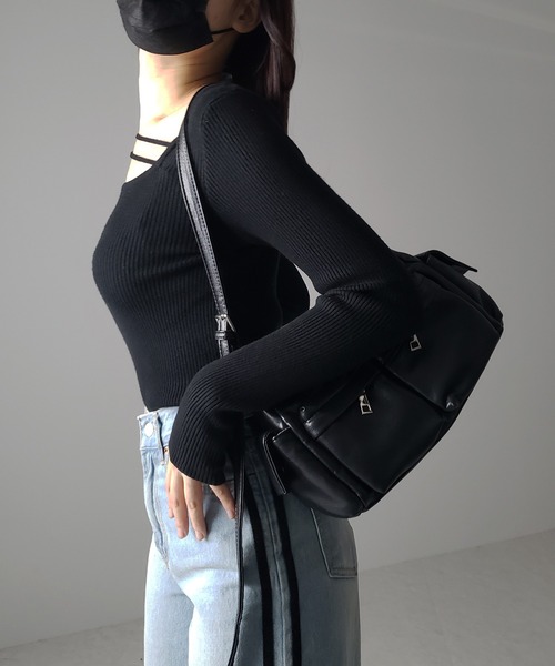 me+em select(ミームセレクト)の「【 3color 】2ストラップスクエアネックリブニット(ニット/セーター・レディース・アイボリー/ブラック/グリーン・FREE)」の8枚目の写真
