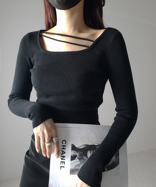 me+em select(ミームセレクト)の「【 3color 】2ストラップスクエアネックリブニット(ニット/セーター・レディース・アイボリー/ブラック/グリーン・FREE)」の10枚目の写真
