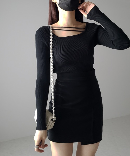 me+em select(ミームセレクト)の「【 3color 】2ストラップスクエアネックリブニット(ニット/セーター・レディース・アイボリー/ブラック/グリーン・FREE)」の14枚目の写真
