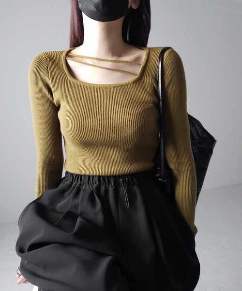 me+em select(ミームセレクト)の「【 3color 】2ストラップスクエアネックリブニット(ニット/セーター・レディース・アイボリー/ブラック/グリーン・FREE)」の15枚目の写真