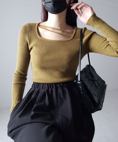 me+em select(ミームセレクト)の「【 3color 】2ストラップスクエアネックリブニット(ニット/セーター・レディース・アイボリー/ブラック/グリーン・FREE)」の17枚目の写真