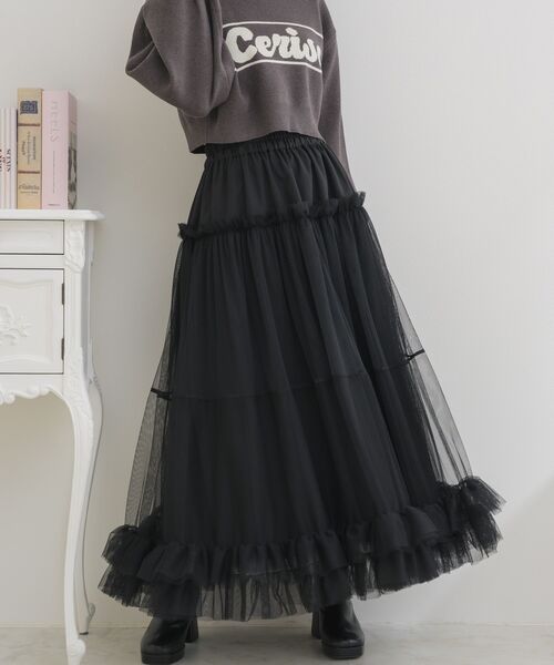 ems excite(エムズエキサイト)の「異素材切替チュールSK(スカート・レディース・ブラック/ピンク/ナチュラル・FREE)」の10枚目の写真