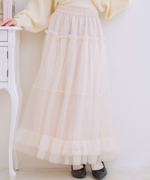 ems excite(エムズエキサイト)の「異素材切替チュールSK(スカート・レディース・ブラック/ピンク/ナチュラル・FREE)」の2枚目の写真