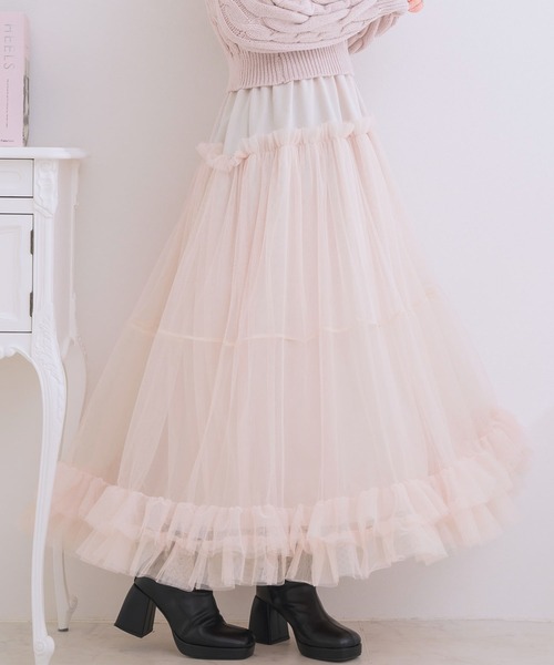 ems excite(エムズエキサイト)の「異素材切替チュールSK(スカート・レディース・ブラック/ピンク/ナチュラル・FREE)」の3枚目の写真