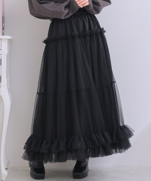ems excite(エムズエキサイト)の「異素材切替チュールSK(スカート・レディース・ブラック/ピンク/ナチュラル・FREE)」の1枚目の写真