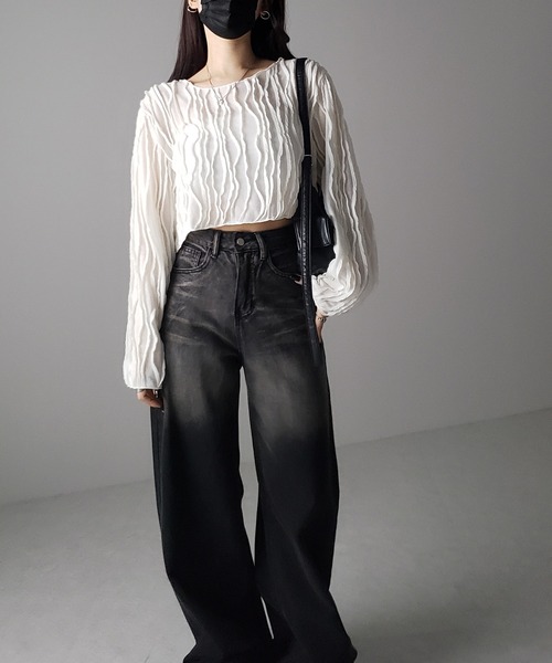 me+em select(ミームセレクト)の「【 2color 】クリンクルショートシアーカットソートップス(Tシャツ/カットソー・レディース・アイボリー/ブラック・FREE)」の14枚目の写真