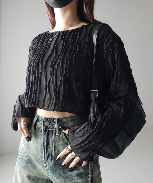 me+em select(ミームセレクト)の「【 2color 】クリンクルショートシアーカットソートップス(Tシャツ/カットソー・レディース・アイボリー/ブラック・FREE)」の16枚目の写真