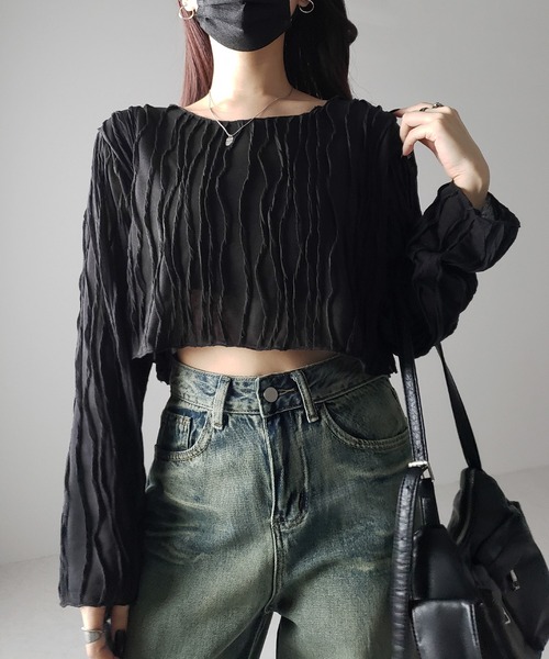 me+em select(ミームセレクト)の「【 2color 】クリンクルショートシアーカットソートップス(Tシャツ/カットソー・レディース・アイボリー/ブラック・FREE)」の17枚目の写真