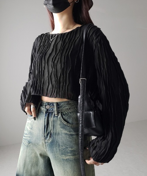 me+em select(ミームセレクト)の「【 2color 】クリンクルショートシアーカットソートップス(Tシャツ/カットソー・レディース・アイボリー/ブラック・FREE)」の19枚目の写真