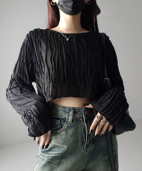 me+em select(ミームセレクト)の「【 2color 】クリンクルショートシアーカットソートップス(Tシャツ/カットソー・レディース・アイボリー/ブラック・FREE)」の21枚目の写真