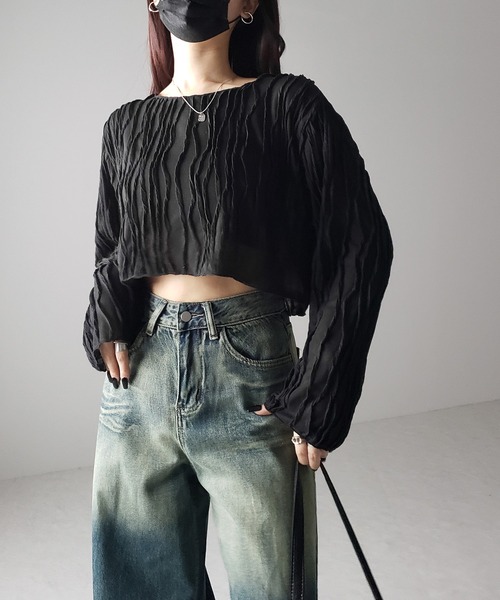 me+em select(ミームセレクト)の「【 2color 】クリンクルショートシアーカットソートップス(Tシャツ/カットソー・レディース・アイボリー/ブラック・FREE)」の22枚目の写真