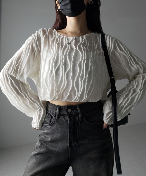 me+em select(ミームセレクト)の「【 2color 】クリンクルショートシアーカットソートップス(Tシャツ/カットソー・レディース・アイボリー/ブラック・FREE)」の15枚目の写真