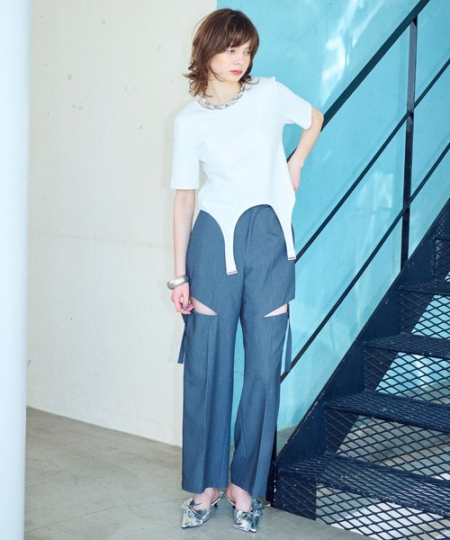 サイドカットデザインワイドデニムパンツ サイドカットワイドデニムパンツ | レディースファッション通販