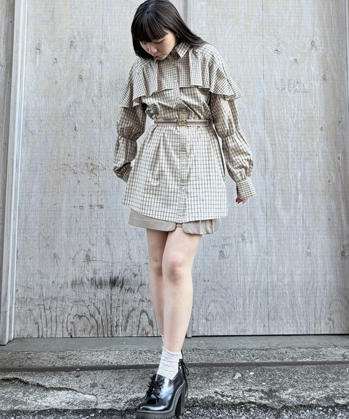 未使用級✨45R インディゴチェック フリルカシュクールブラウス 羽織り シャツ フリルスリーブドッキングツイードチェックブラウス[tu1452