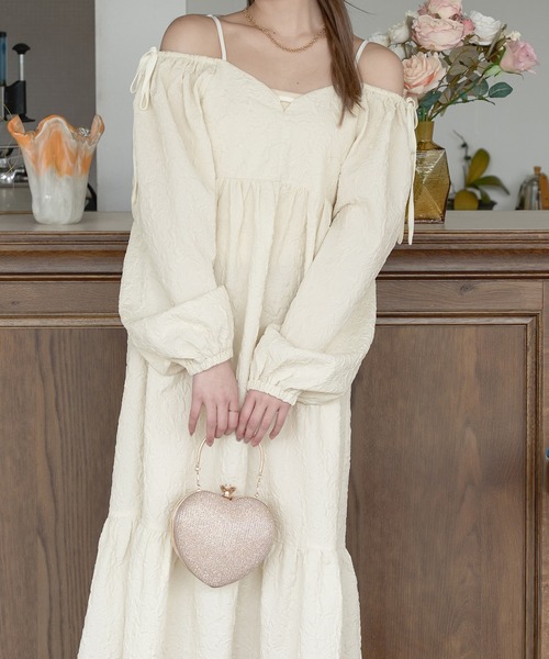 新品　emotionall dresses ジャガードワンピースドレス　ベージュ セール】floating jacquard dress / フクレジャガードワンピース
