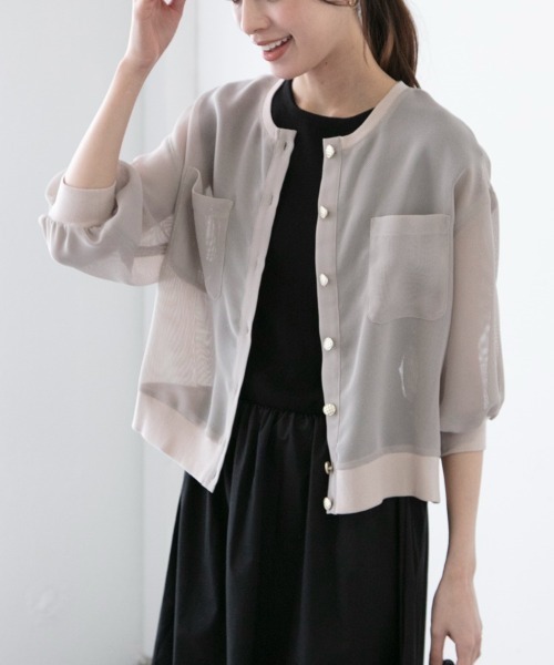 M.deux（エムドゥ）の「〈メッシュジャケットカーデ〉（カーディガン/ボレロ・レディース・グレイッシュベージュ/グリーン・MEDIUM）」の2枚目の写真