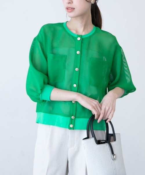 M.deux（エムドゥ）の「〈メッシュジャケットカーデ〉（カーディガン/ボレロ・レディース・グレイッシュベージュ/グリーン・MEDIUM）」の3枚目の写真