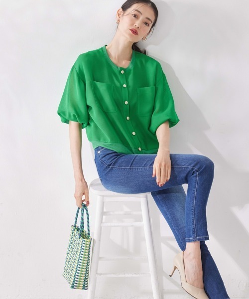 M.deux（エムドゥ）の「〈メッシュジャケットカーデ〉（カーディガン/ボレロ・レディース・グレイッシュベージュ/グリーン・MEDIUM）」の4枚目の写真