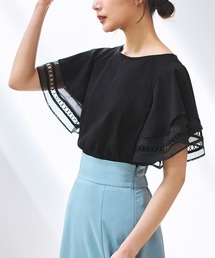 洗える ｜ 【異素材MIX】レイヤードスリーブ・Tシャツ ｜ 半袖 ラウンドネック  トップス 体型カバー オフィスカジュアル 通勤服 華やか フレアスリーブ レイヤードスリーブ シアー Tシャツ