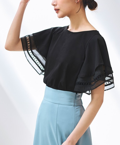 RUIRUE BOUTIQUE(ルイルエブティック)の「洗える | 【異素材MIX】レイヤードスリーブ・Tシャツ | 半袖 ラウンドネック トップス 体型カバー オフィスカジュアル 通勤服 華やか フレアスリーブ レイヤードスリーブ シアー Tシャツ(シャツ/ブラウス・レディース・ベージュ/グリーン/ブラック・S/M/L/LL/3L)」の2枚目の写真