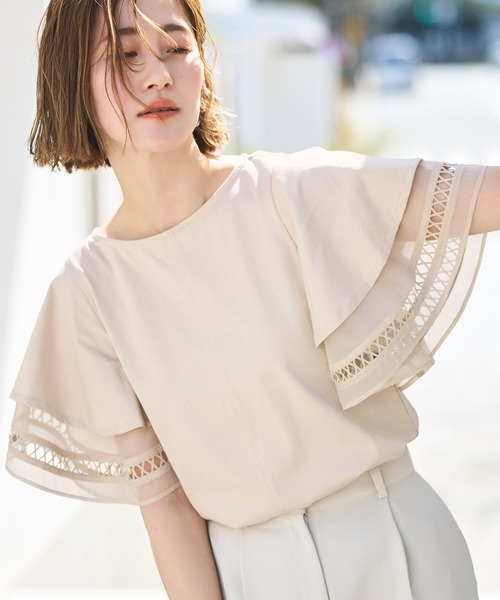 RUIRUE BOUTIQUE(ルイルエブティック)の「洗える | 【異素材MIX】レイヤードスリーブ・Tシャツ | 半袖 ラウンドネック トップス 体型カバー オフィスカジュアル 通勤服 華やか フレアスリーブ レイヤードスリーブ シアー Tシャツ(シャツ/ブラウス・レディース・ベージュ/グリーン/ブラック・S/M/L/LL/3L)」の7枚目の写真