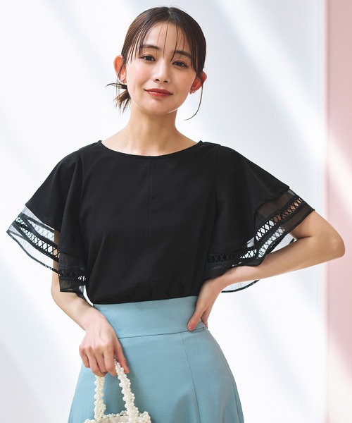 RUIRUE BOUTIQUE(ルイルエブティック)の「洗える | 【異素材MIX】レイヤードスリーブ・Tシャツ | 半袖 ラウンドネック トップス 体型カバー オフィスカジュアル 通勤服 華やか フレアスリーブ レイヤードスリーブ シアー Tシャツ(シャツ/ブラウス・レディース・ベージュ/グリーン/ブラック・S/M/L/LL/3L)」の11枚目の写真