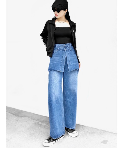 【セール】【LVEU.】レイヤードワイドデニムパンツ(Ai select) / ボトムス デニム パンツ ワイド ストレート レイヤード ヴィンテージ 色落ち ブルー インディゴ（デニムパンツ）｜LVEU.（ラブユ.）