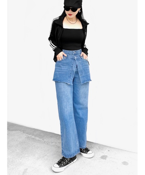 【セール】【LVEU.】レイヤードワイドデニムパンツ(Ai select) / ボトムス デニム パンツ ワイド ストレート レイヤード ヴィンテージ 色落ち ブルー インディゴ（デニムパンツ）｜LVEU.（ラブユ.）