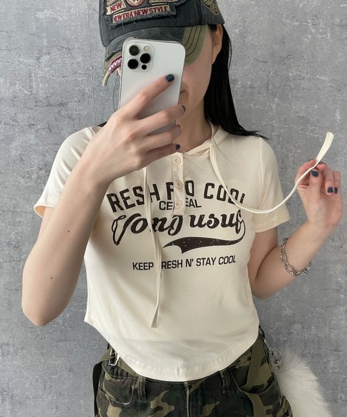 dispark(ディスパーク)の「DISPARK/ロゴショートフード付きTシャツ(Tシャツ/カットソー・レディース・アイボリー/カーキ・FREE)」の1枚目の写真