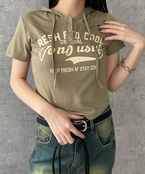 dispark(ディスパーク)の「DISPARK/ロゴショートフード付きTシャツ(Tシャツ/カットソー・レディース・アイボリー/カーキ・FREE)」の9枚目の写真