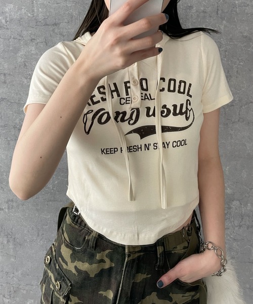 dispark(ディスパーク)の「DISPARK/ロゴショートフード付きTシャツ(Tシャツ/カットソー・レディース・アイボリー/カーキ・FREE)」の5枚目の写真