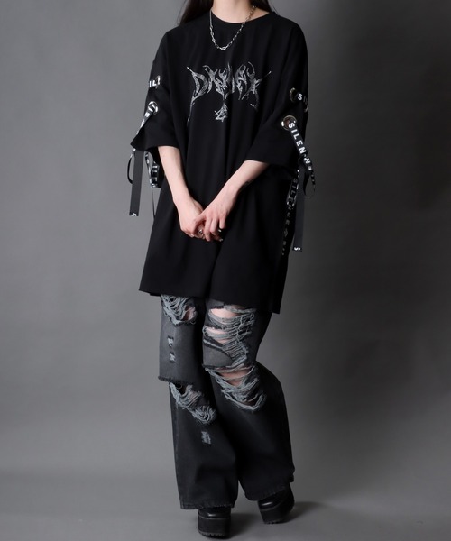 SITRY(シトリー)の「Lace up Tribal Design Rhinestone Print T-Shirt/レースアップ トライバルロゴ ラインストーンプリント 半袖Tシャツ レディース メンズ(Tシャツ/カットソー・レディース・ブラック/サックスブルー/ホワイト・L/M)」の15枚目の写真