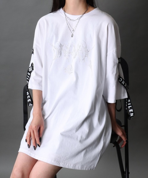 セール】Lace up Tribal Design Rhinestone Print T-Shirt