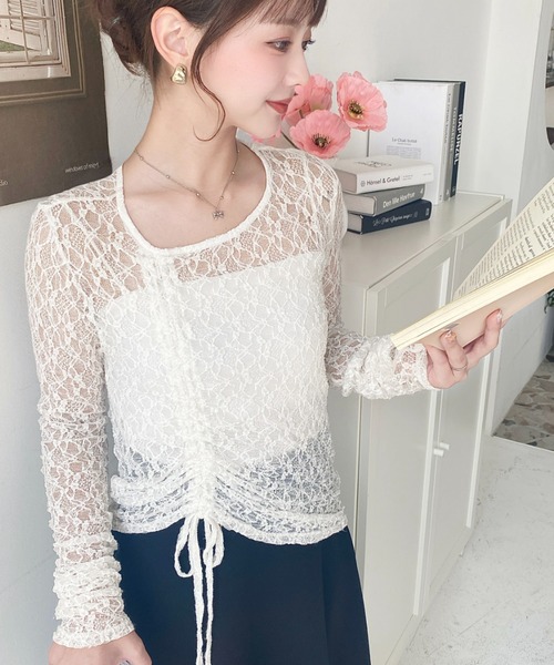 新品❤️PEARY GATE❤️ストレッチ長袖トップス セール】アシンメトリードロスト袖くしゅくしゅ長袖ストレッチ