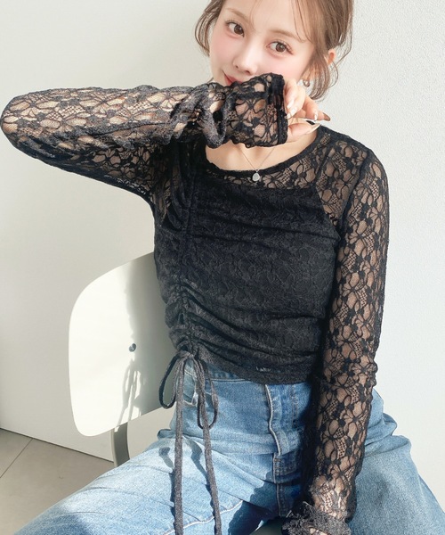セール】アシンメトリードロスト袖くしゅくしゅ長袖ストレッチレース