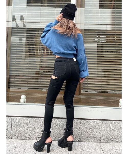 ミドルウエストSIDE RIPPEDカラースキニーパンツ（デニムパンツ