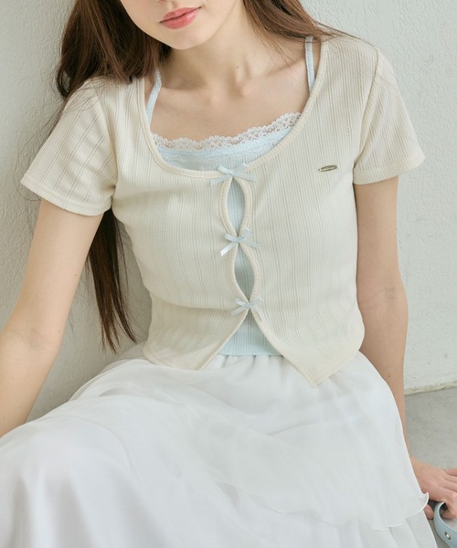 OLIVE des OLIVE（オリーブデオリーブ）の「映えリボンTee（Tシャツ/カットソー・レディース・ブラック/ピンク/オフホワイト/レッド/ネイビー/サックスブルー/トップグレー/ブラウン・FREE）」の2枚目の写真