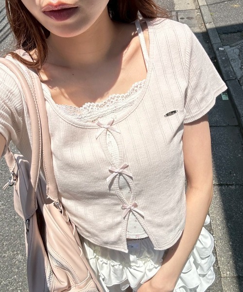 OLIVE des OLIVE（オリーブデオリーブ）の「映えリボンTee（Tシャツ/カットソー・レディース・ブラック/ピンク/オフホワイト/レッド/ネイビー/サックスブルー/トップグレー/ブラウン・FREE）」の7枚目の写真