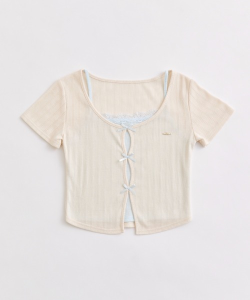 OLIVE des OLIVE（オリーブデオリーブ）の「映えリボンTee（Tシャツ/カットソー・レディース・ブラック/ピンク/オフホワイト/レッド/ネイビー/サックスブルー/トップグレー/ブラウン・FREE）」の12枚目の写真