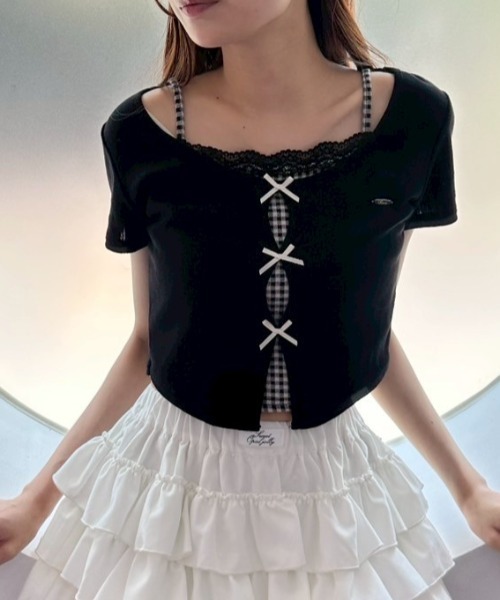 OLIVE des OLIVE（オリーブデオリーブ）の「映えリボンTee（Tシャツ/カットソー・レディース・ブラック/ピンク/オフホワイト/レッド/ネイビー/サックスブルー/トップグレー/ブラウン・FREE）」の15枚目の写真