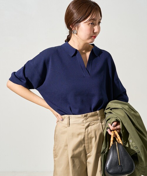 FREAK'S STORE（フリークスストア）の「限定展開　半袖 ポロ襟 スキッパー サマーニット（ポロシャツ・レディース・ナチュラル/ブラック/ベージュ/ネイビー/ブラウン/レッド/グリーン・ﾌﾘ-）」の21枚目の写真