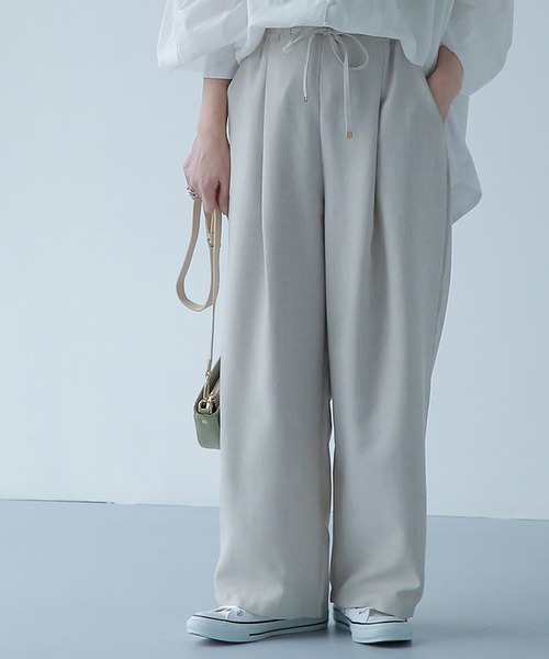 リネン ドロワーズパンツ ホワイト パンツ ドロストリネンライクワイドパンツ「低身長・小柄女性