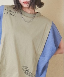 CUBE SUGAR（キューブシュガー）の「32/-OE天竺×シャンブレーヤッコTシャツ（Tシャツ/カットソー）」