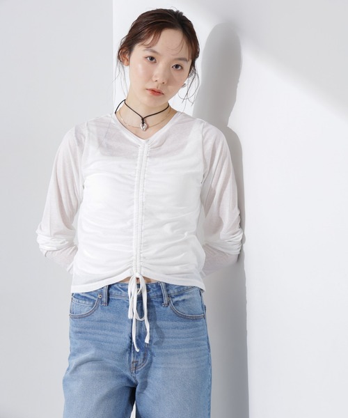 シャーリングTwisty2wayトップス（オフホワイト） セール】前後2wayフロントシャーリングトップス（Tシャツ/カットソー
