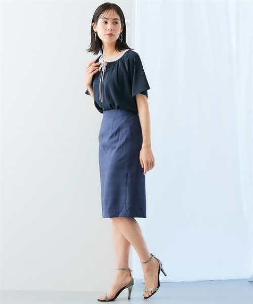 7days Life Styling（セブンデイズライフスタイリング）の「【UVカット/速乾】ストレッチパウダーサテン配色リボン半袖ブラウス（シャツ/ブラウス・レディース・グリーン/ネイビー/オフホワイト/グレイッシュベージュ・S/M/L/LL/3L）」の18枚目の写真