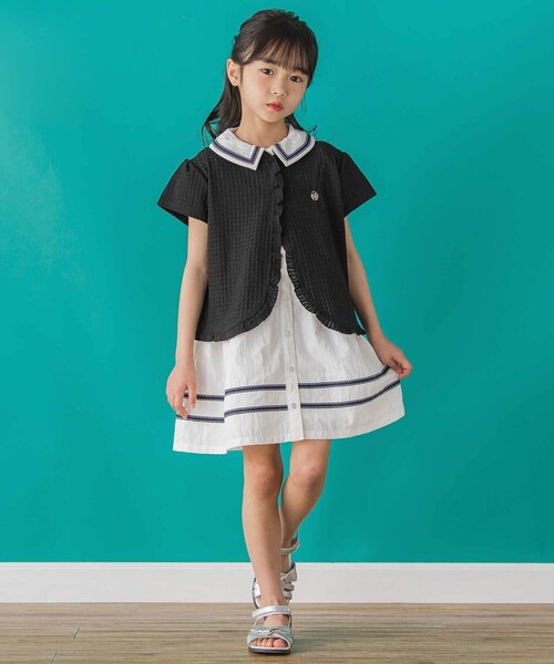 BeBe Petits Pois Vert(ベベプチポワヴェール)の「【店舗限定】格子編みカットソーフリル半袖ボレロ(95~150cm)(カーディガン/ボレロ・キッズ・ホワイト/ブラック・110cm/120cm/130cm/100cm/150cm/140cm)」の9枚目の写真