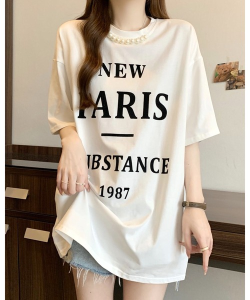 FUNdaysion(ファンデイション)の「パール付きプリントルーズTシャツ(Tシャツ/カットソー・レディース・グレー/ホワイト/ブラック・M)」の2枚目の写真